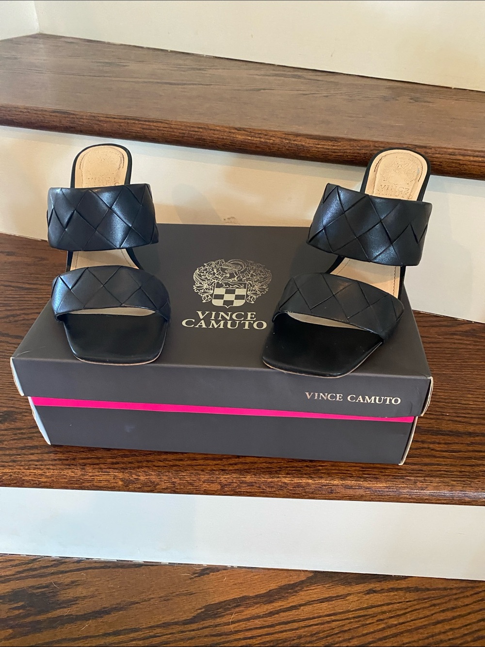 Vince Camuto Black Braided Double-Strap Slide Heels